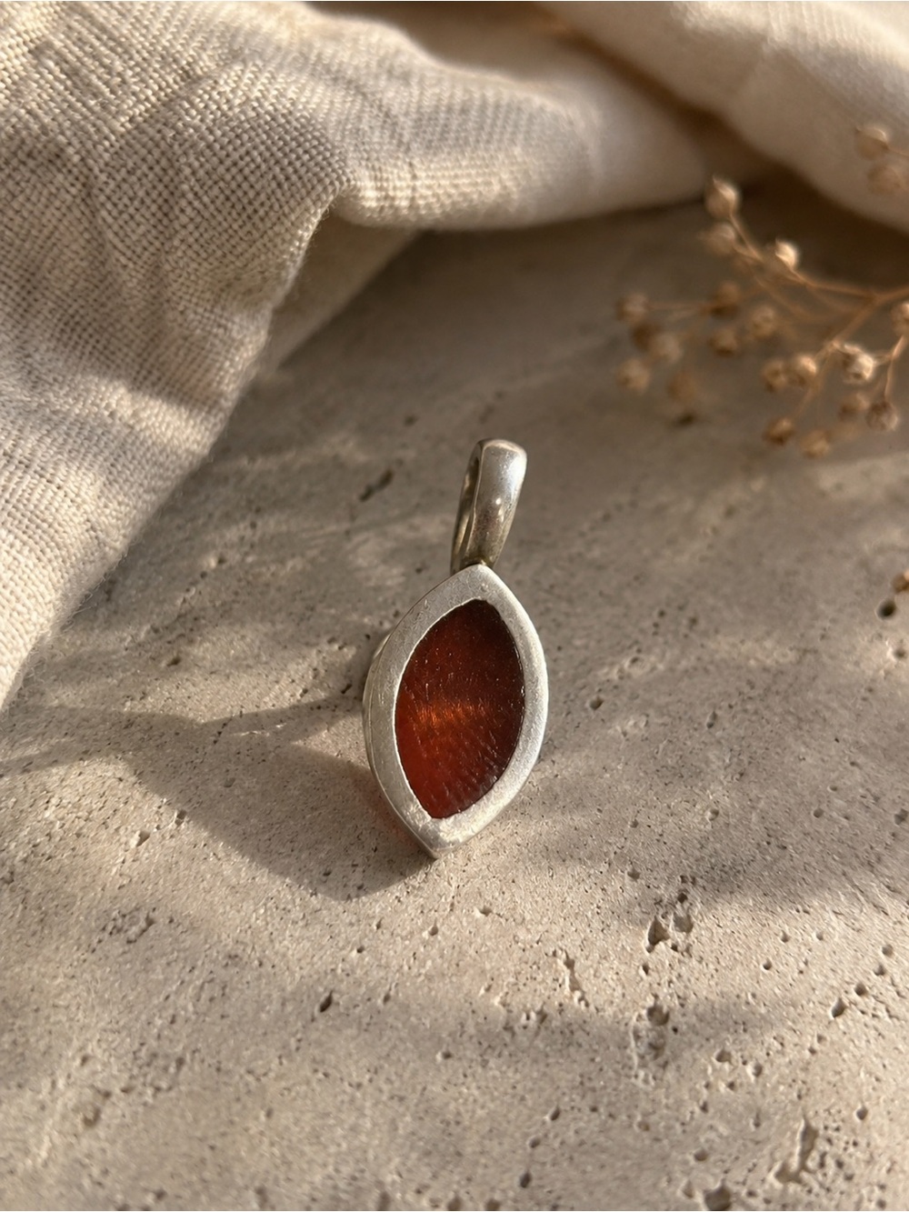 Sterling Silver Minimalist Marquise Pendant • Designer Signed .925 • Amber Tone
